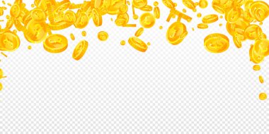 İngiliz sikkeleri düşüyor. Dağınık altın GBP paraları. İngiltere parası. Büyük iş başarısı konsepti. Geniş vektör illüstrasyonu.