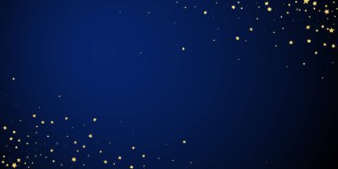 Sihirli yıldızlar vektör kaplaması. Altın yıldızlar rasgele etrafa saçılmış, düşüyor, yüzüyor. Kaotik rüya gibi çocuksu bir şablon. Koyu mavi arkaplanda vektör masalı.