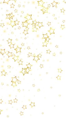 Altın parıldayan yıldız konfetisi. Kaotik rüya gibi çocuksu bir şablon. Beyaz arkaplanda festival yıldızları çizimi.