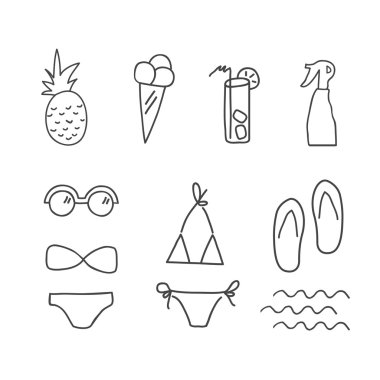 Elle çizilmiş doodle yaz simgeler. Satır öğeleri kümesi. Vektör çizim