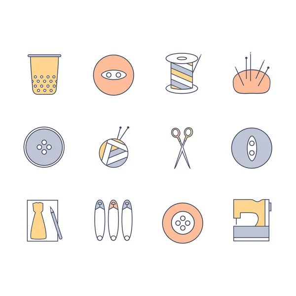 Sewing and knitting icons set. Skein of yarn and knitting needles, spool of thread, scissors, thimble, sewing buttons, needle case, pattern, safety pins and sewing machine.  Vector flat illustration — Stock Vector