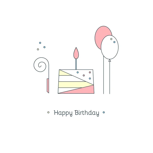 Tarjeta de cumpleaños. Elementos de línea delgada. Ilustración plana del vector — Vector de stock