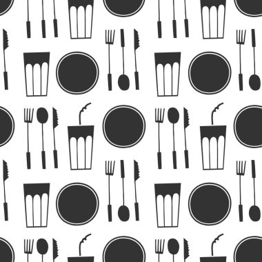 Masa takımı kusursuz desen. Çatal, bıçak, kaşık, tabak, bardak, pipet. Yemek yemek, içki içmek. El çizimi vektör çizimi. Siyah beyaz çizim yemek takımı. İzole elementler, beyaz arkaplan