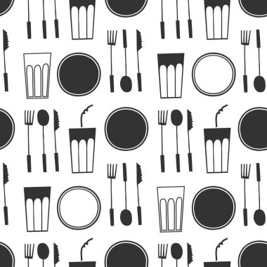 Masa takımı kusursuz desen. Çatal, bıçak, kaşık, tabak, bardak, pipet. Yemek yemek, içki içmek. El çizimi vektör çizimi. Siyah beyaz çizim yemek takımı. İzole elementler, beyaz arkaplan
