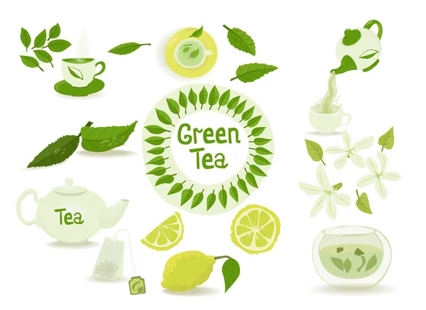 Egy Sor Kép Téma Zöld Tea Teadarab Mint Például Jázmin — Stock Vector