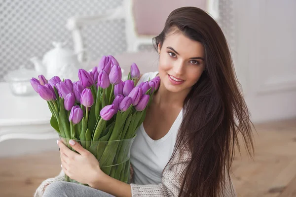 Gros Plan Portrait Jeune Très Belle Femme Brune Avec Des — Photo