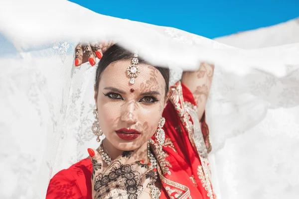 Mooie Indiaanse Vrouw Die Sari Draagt Vrouw Etnisch Indiaanse Kleding — Stockfoto