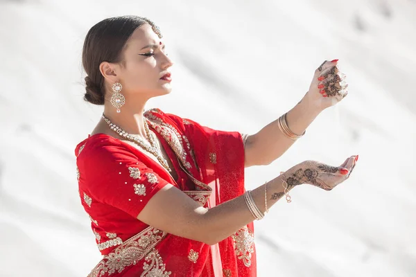 Beautiful Indian Woman Wearing Sari Female Ethnical Indian Clothes — Stock Photo, Image