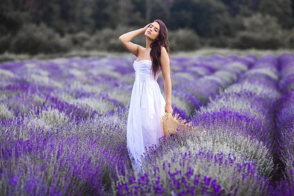 ラベンダー畑の美しい若い女性 アロマコンセプト 魅力的な若い女性の屋外 — ストック写真