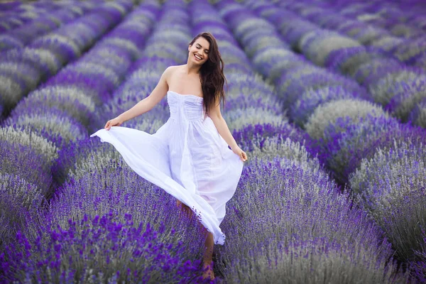 Beautiful Young Woman Lavender Field Aroma Concept Attractive Young Female Stock Picture