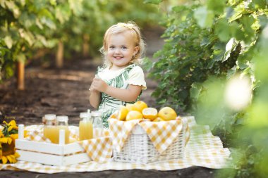 Piknikte küçük şirin bir kız. Kız ve limonlar.