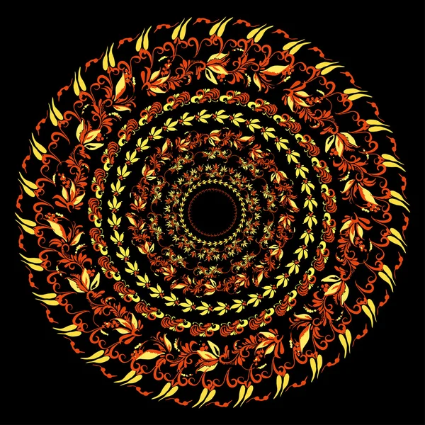 Hohloma geleneksel bir siyah üzerine kırmızı sarı desen yuvarlak. vektör — Stok Vektör