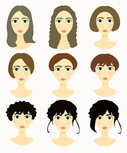 Visages de femmes, filles cheveux foncés illustration vectorielle — Image vectorielle