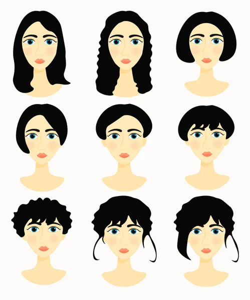 Rostros de las mujeres, las niñas peinados naturales. ilustración vectorial — Vector de stock