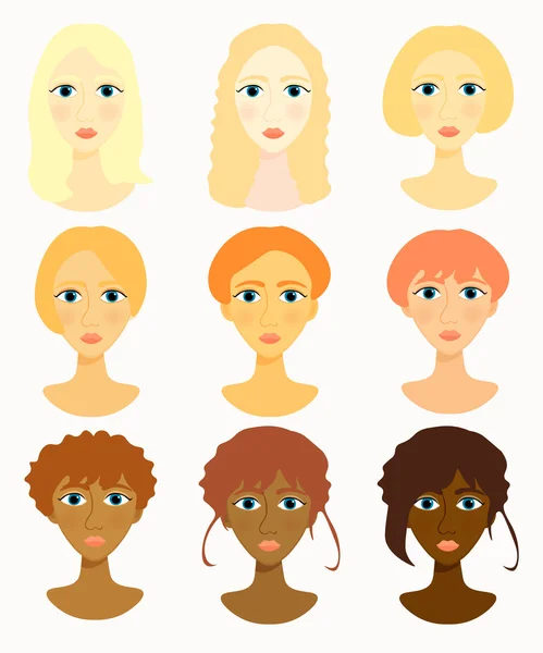 Faces of women, girls hairstyles race. vector illustration — Stock Vector