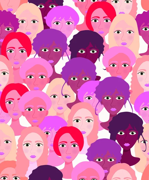 Rostros de mujeres, niñas rosa púrpura. ilustración vectorial sin fisuras — Vector de stock