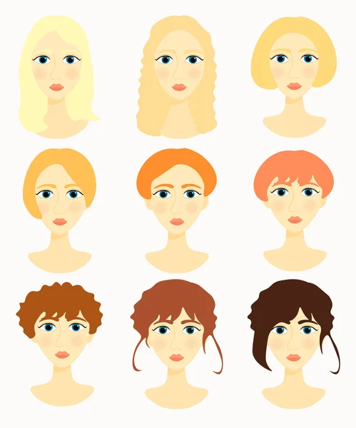 Cara de las mujeres, niñas color del pelo vector ilustración — Archivo Imágenes Vectoriales