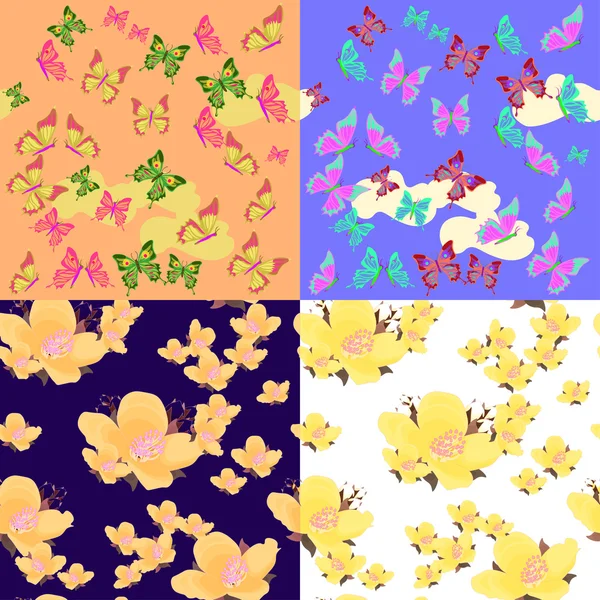 Set of jasmine flowers, butterflies orange seamless vector illus — Stock Vector