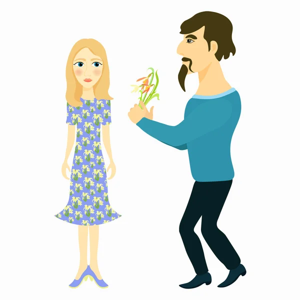 Couple man gives flowers and girl blue. vector illustration — Stock Vector