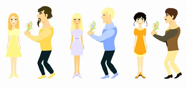 Set Paar Mann schenkt Blumen und Mädchen. Vektorillustration — Stockvektor