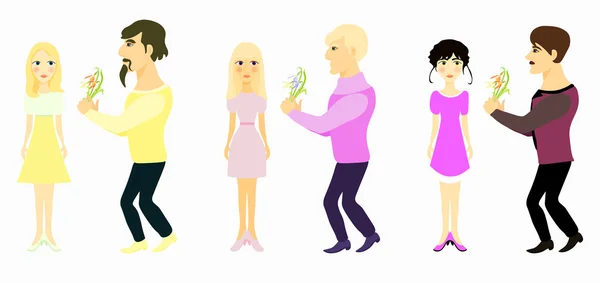 Set pareja hombre da flores y niña amarillo. ilustración vectorial — Vector de stock