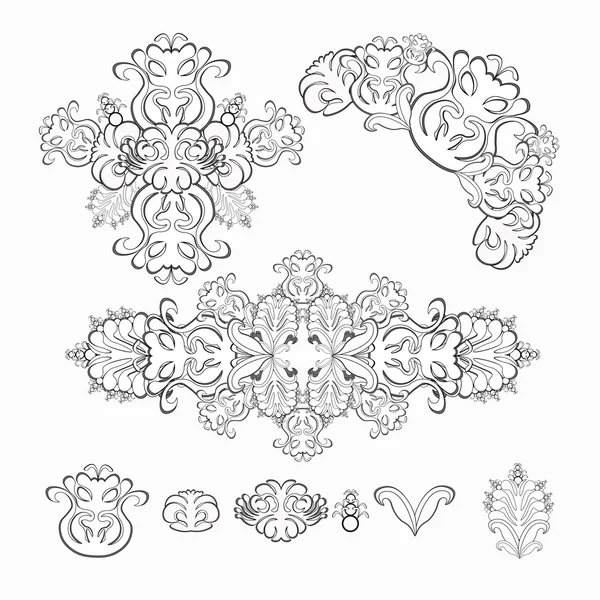 Conjunto de motivos florales gráficos en blanco y negro. vector illustrat — Archivo Imágenes Vectoriales