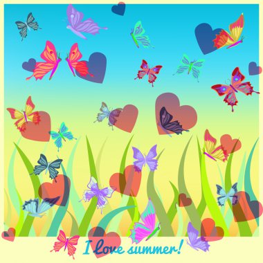 Kelebekler ve çimlerin üzerinde uçan kalpler. vektör illustratio