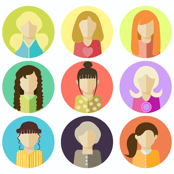 Iconos femeninos, mujeres en el círculo. ilustración vectorial — Vector de stock