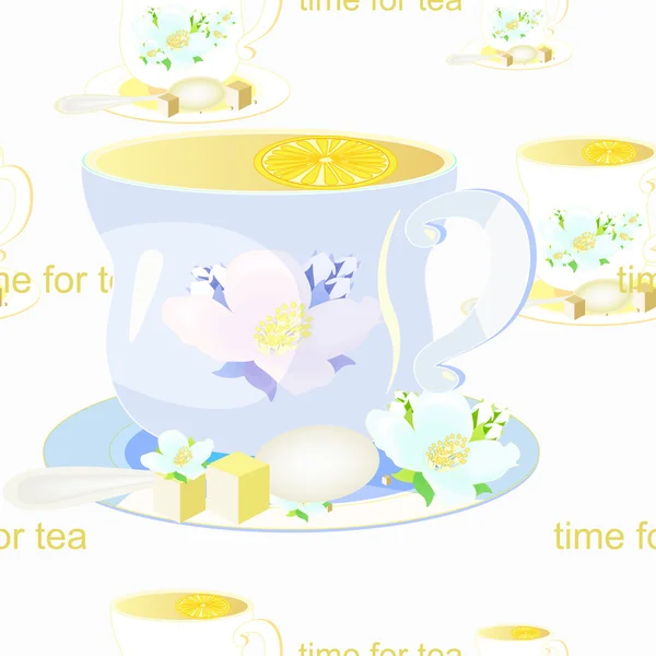 Cup of tea and jasmine, seamless pattern on a white background. — Stock Vector