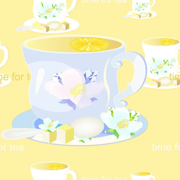 Tasse de thé et de jasmin, motif sans couture sur un fond jaune . — Image vectorielle