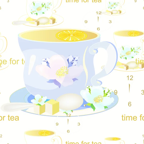 Cup of tea and jasmine, with the clock seamless pattern. vector — Stock Vector