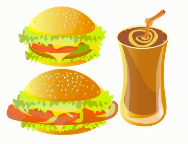  hamburger ve soğuk bir içki ayarla. vektör çizim