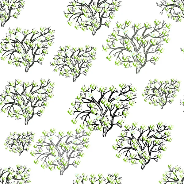 Arbre silhouette motif sans couture avec des fleurs sur un fond blanc — Image vectorielle