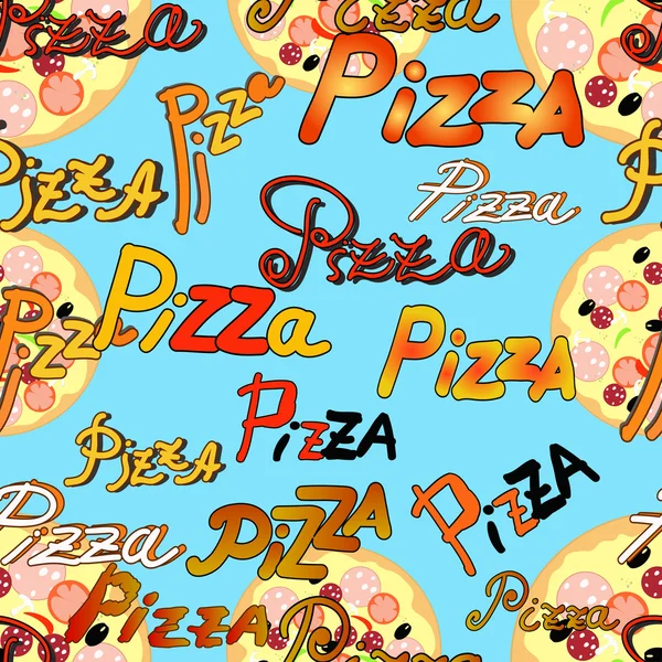 Seamless mönster med pizza och namnet på pizza på en blå — Stock vektor