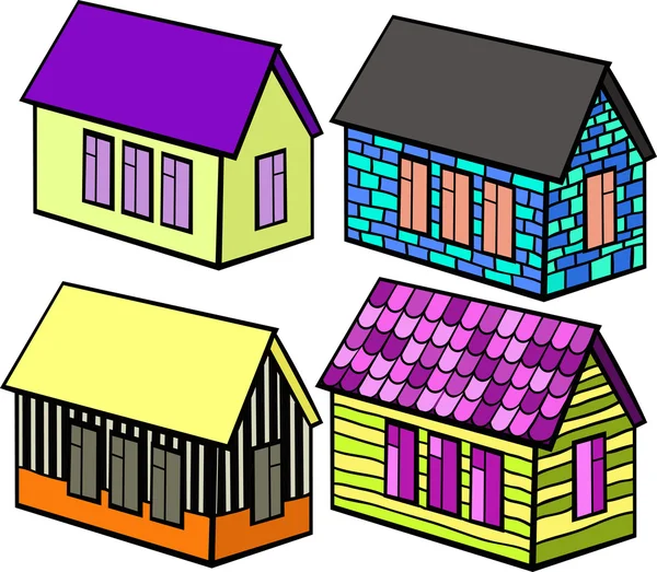 Conjunto de casas de madeira e desenhos animados tijolo. ilustração vetorial — Vetor de Stock