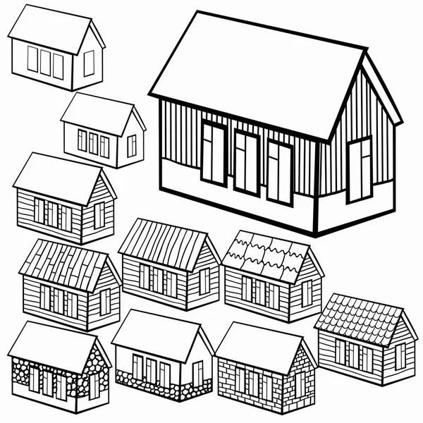 Conjunto de casas de madera y ladrillo, gráficos de piedra. vector illustrat — Vector de stock