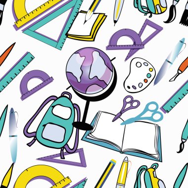 Okul defteri, Küre, sırt çantası, cetvel ve kalem için seamless modeli