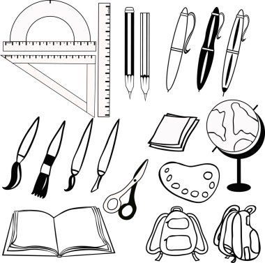 okul için ayarla: kalem, Küre, sırt çantası, cetvel ve kalem. Ben vektör