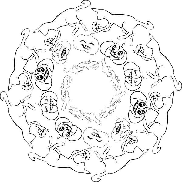 Kreisförmiges Muster mit fröhlichem Halloween: Kürbis, Katze, Totenkopf — Stockvektor
