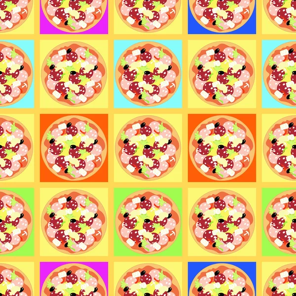 Patrón sin costuras con pizzas de colores en las mesas. vector illustrat — Archivo Imágenes Vectoriales