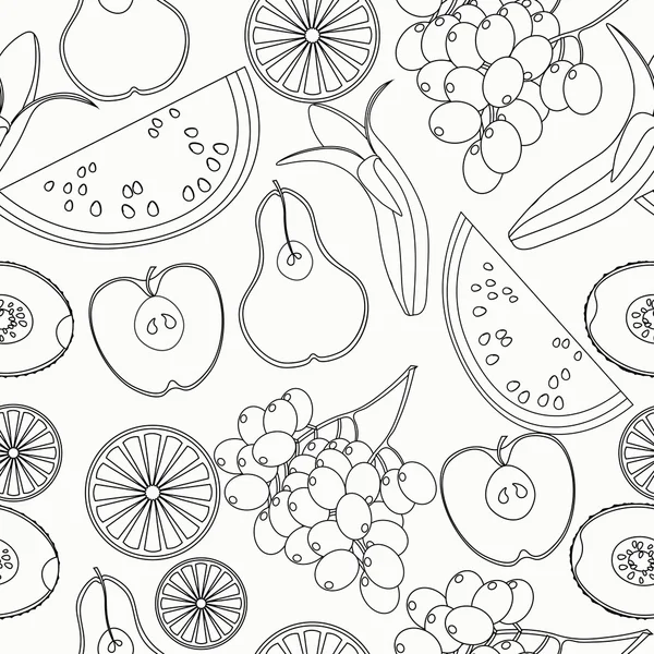 Seamless pattern coloring fruit watermelon, orange, kiwi, grapes — Stock Vector