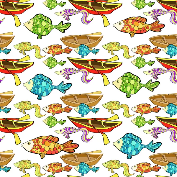 Seamless pattern boat, fish, fishing. vector illustration — Stock Vector