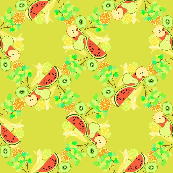 Motif sans couture de pastèque de fruits, orange, kiwi, raisins, bana — Image vectorielle