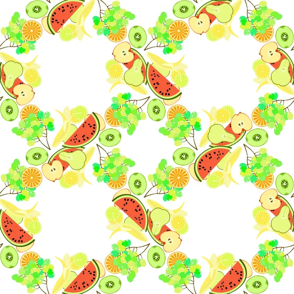 Motif sans couture de pastèque de fruits, orange, kiwi, raisins, bana — Image vectorielle