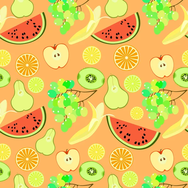 Motif sans couture la pastèque de fruits, orange, kiwi, pomme, bana — Image vectorielle