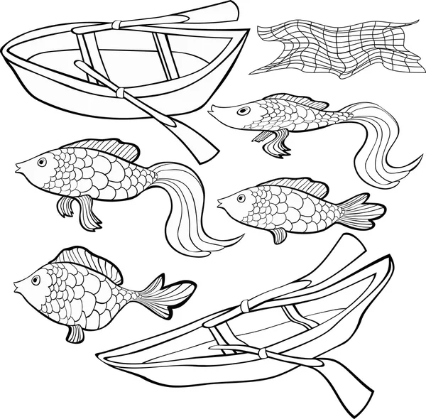 Nastavte barevné lodě, net ryb. vektorové ilustrace — Stockový vektor