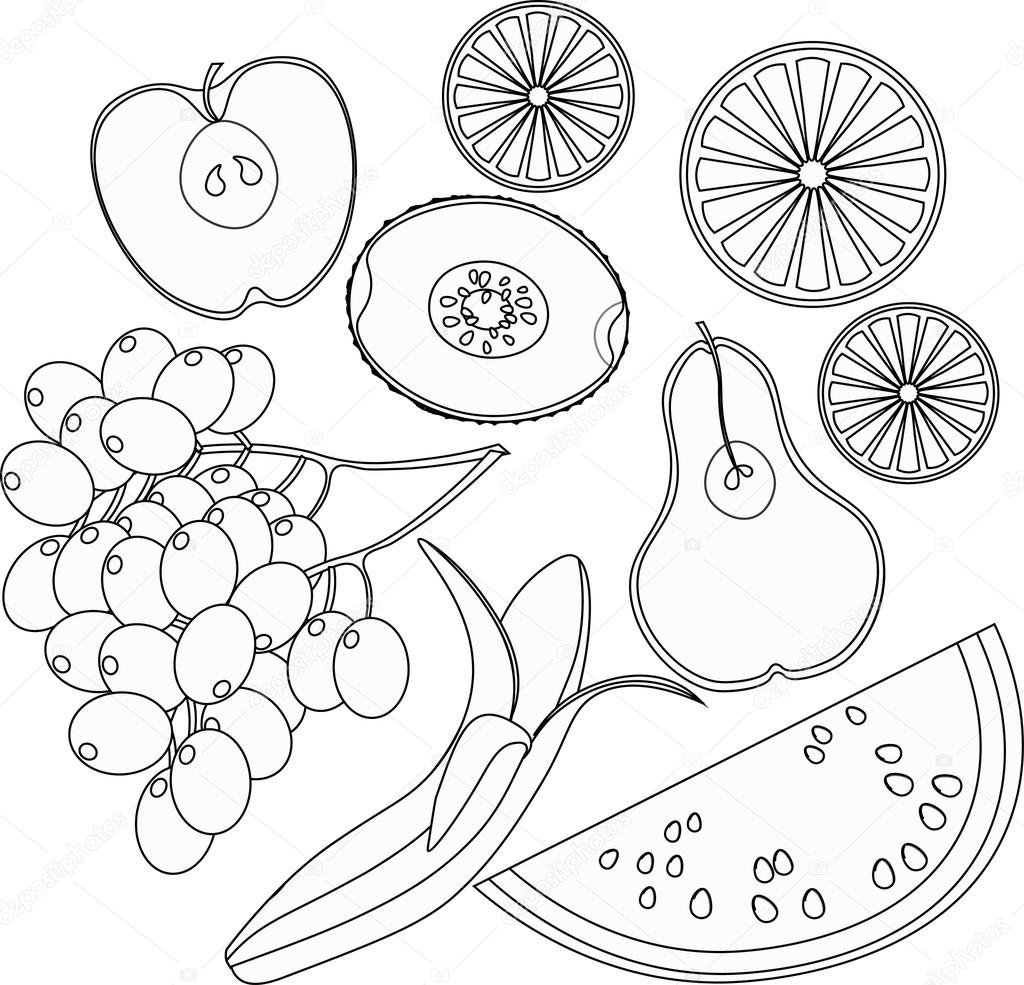 Set di disegni da colorare frutta anguria arancio kiwi uva banana pera illustrazione di vettore di apple — Vettoriali di orpoliiiail