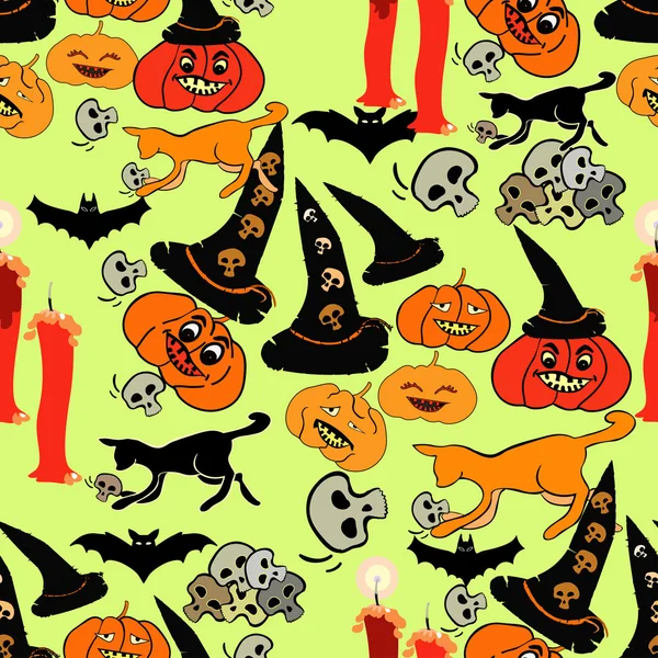 Sömlös mönster för Halloween bat, pumpa, häxa hatt på en gr — Stock vektor
