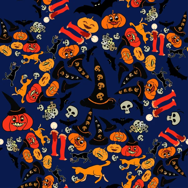 Patrón sin costuras para el murciélago de Halloween, calabaza, sombrero de bruja, un gato sk — Vector de stock