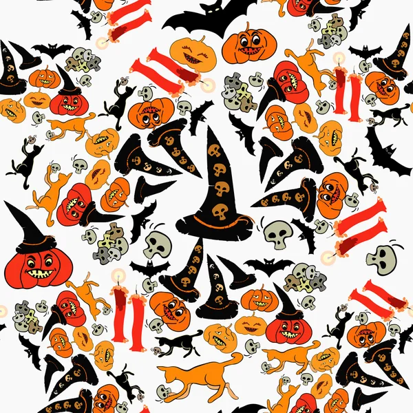Naadloze patroon voor Halloween bat, pompoen, Witch hat, een kat SK — Stockvector